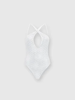 One-piece swimming costume in lace-effect viscose