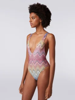 One-piece swimming costume in zigzag print fabric