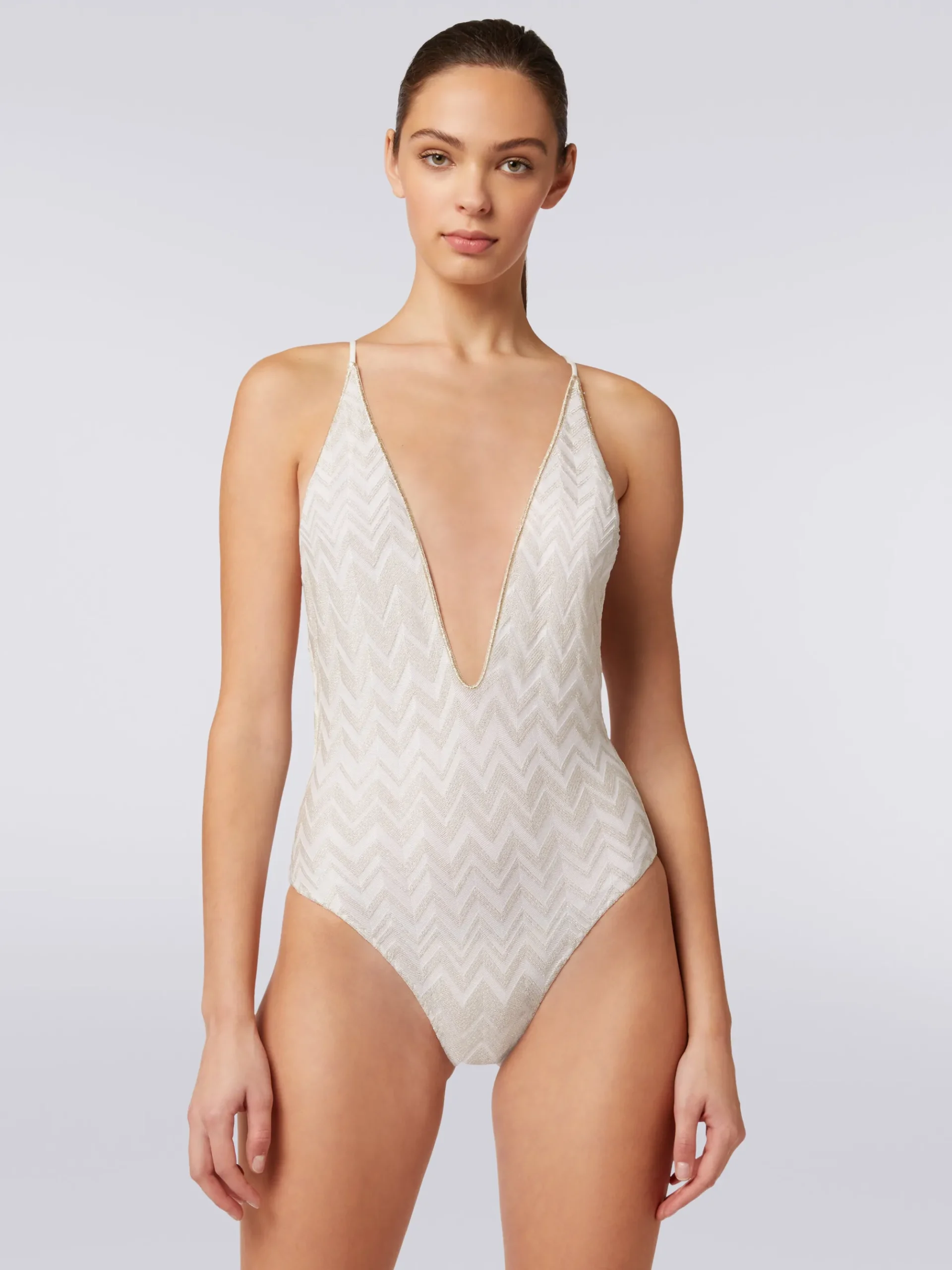 One-piece swimming costume with tone-on-tone lamé chevron