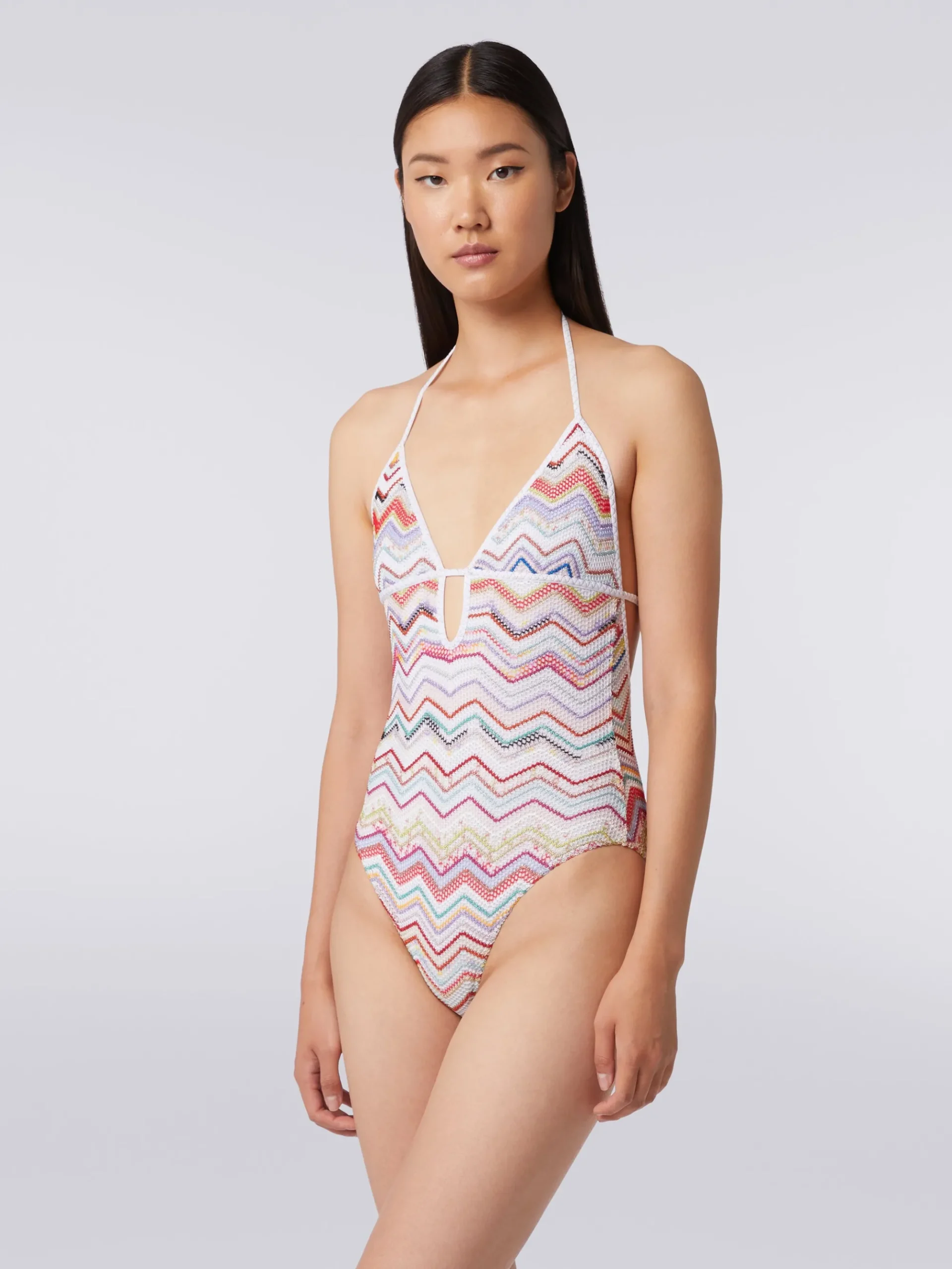 One-piece swimming costume in zigzag crochet with lurex