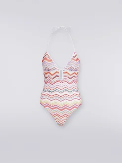 One-piece swimming costume in zigzag crochet with lurex