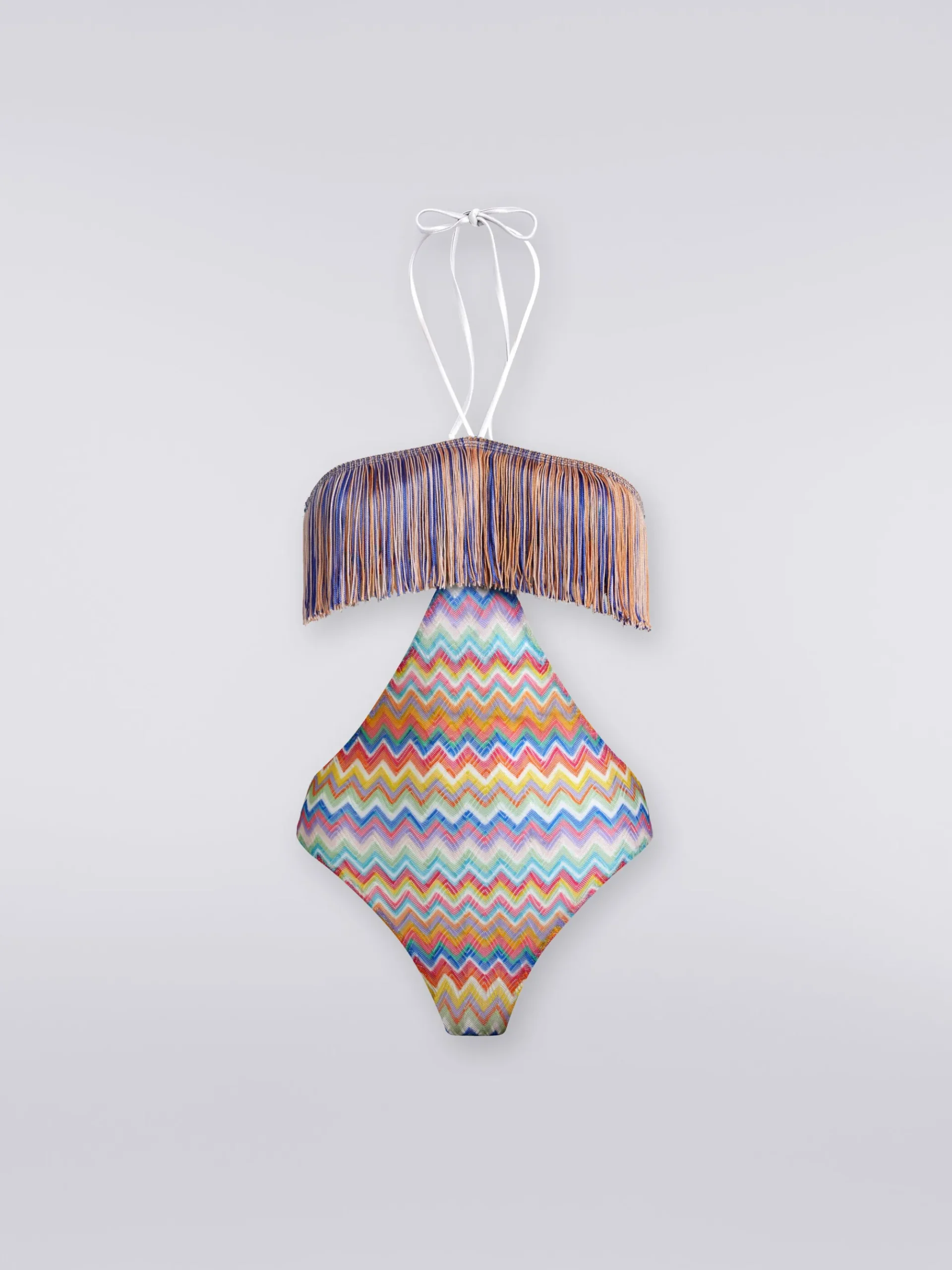 One-piece swimming costume with zigzag print and fringes