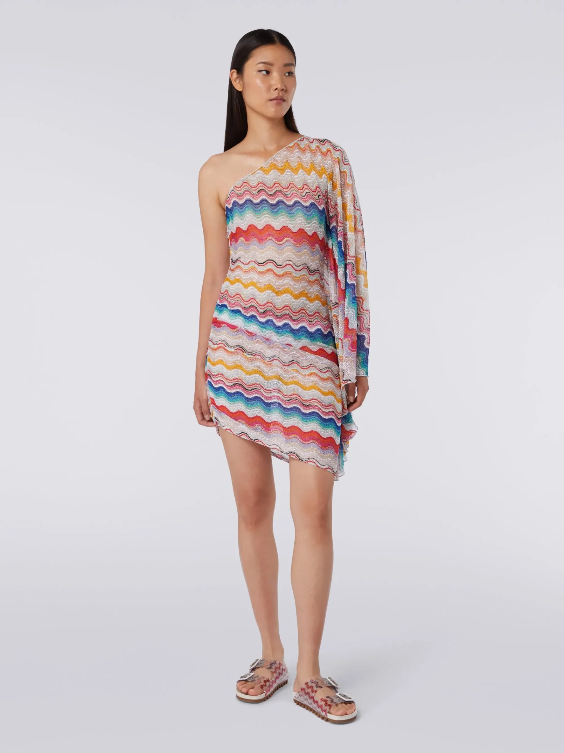 One-shoulder cover up dress in wave motif crochet