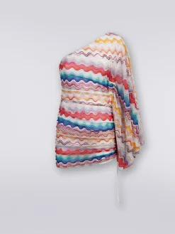 One-shoulder cover up dress in wave motif crochet