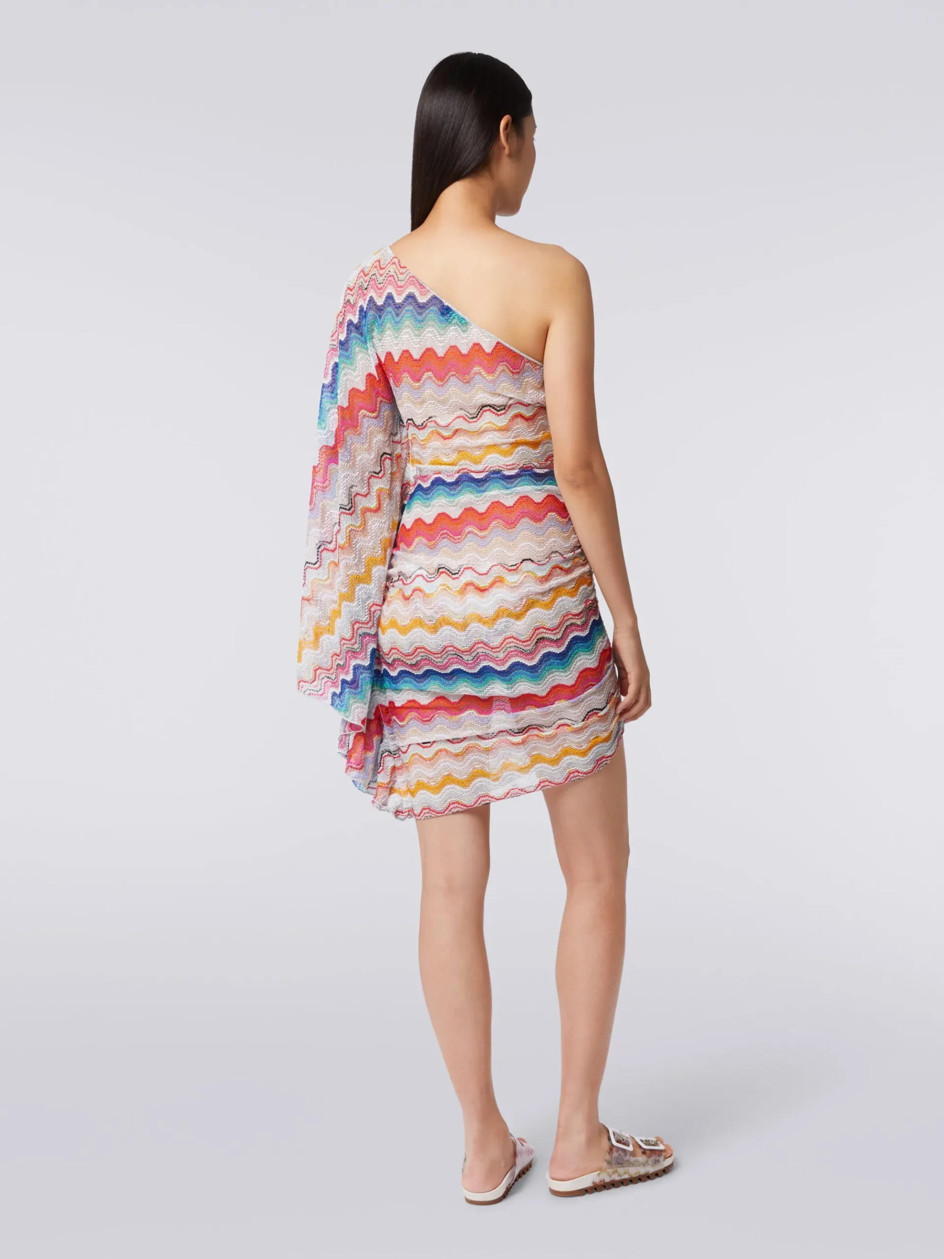 One-shoulder cover up dress in wave motif crochet