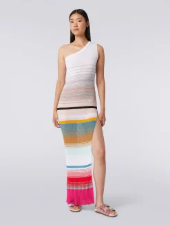 One-shoulder dress in striped ribbed knit with lurex