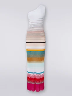 One-shoulder dress in striped ribbed knit with lurex