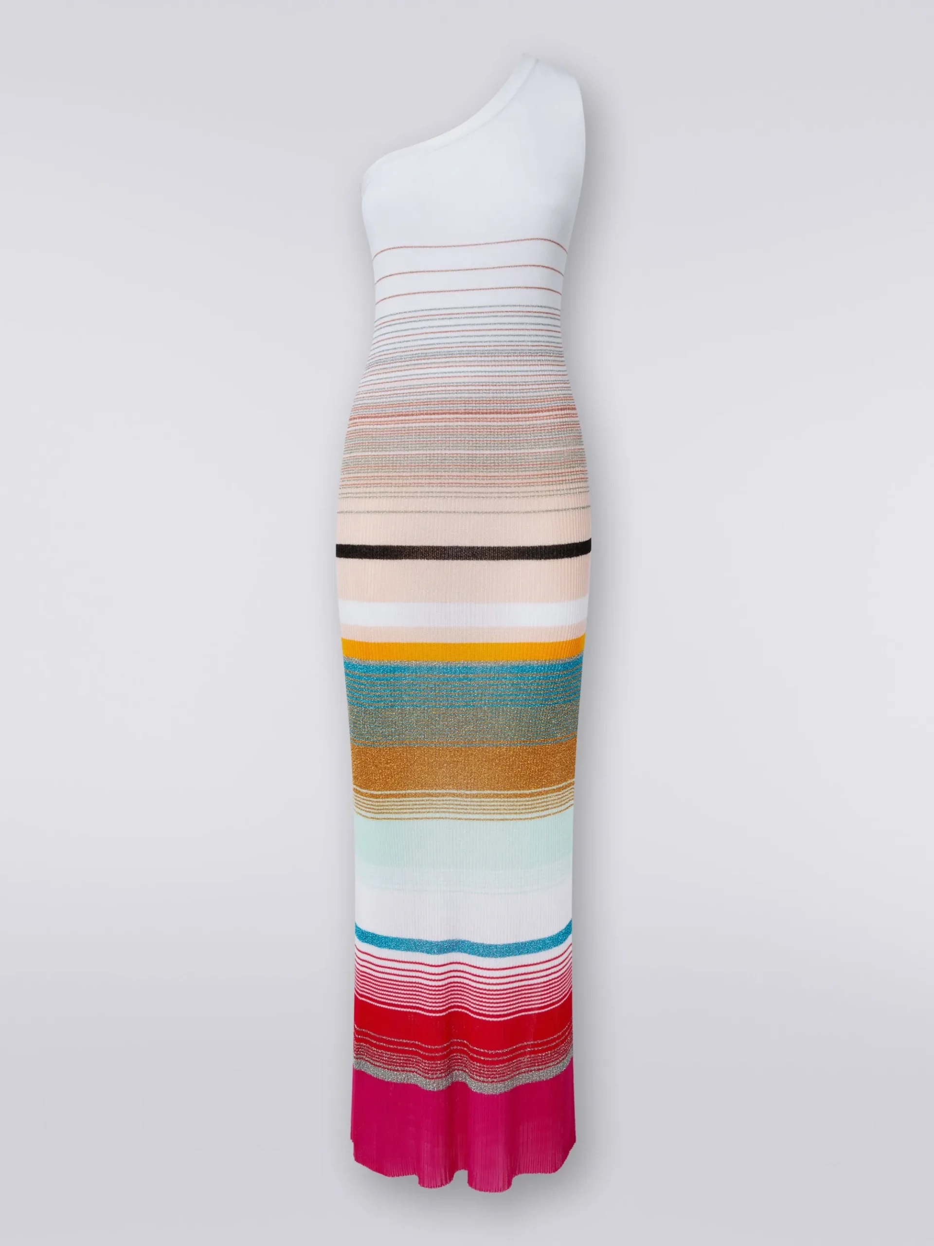 One-shoulder dress in striped ribbed knit with lurex