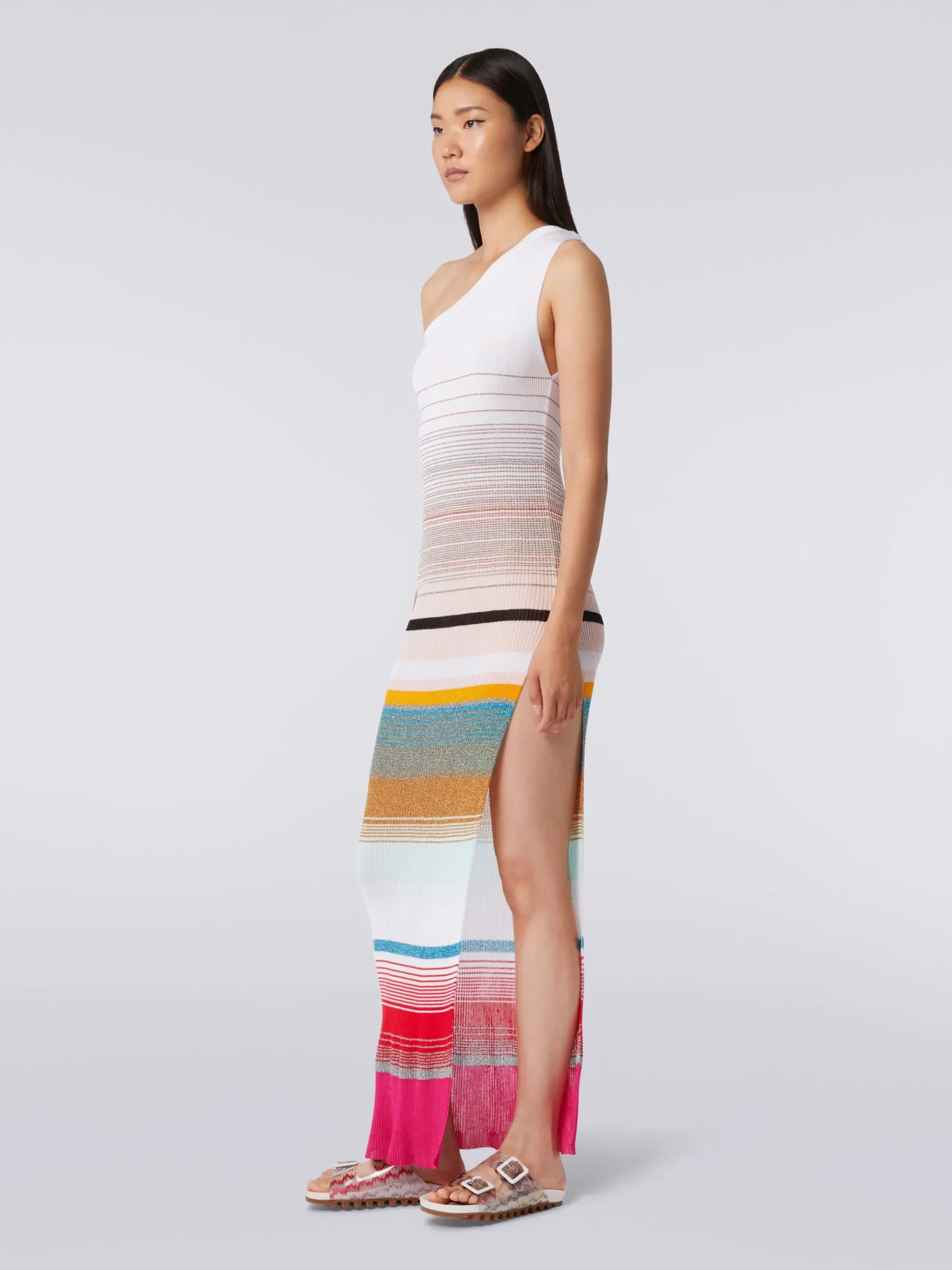 One-shoulder dress in striped ribbed knit with lurex