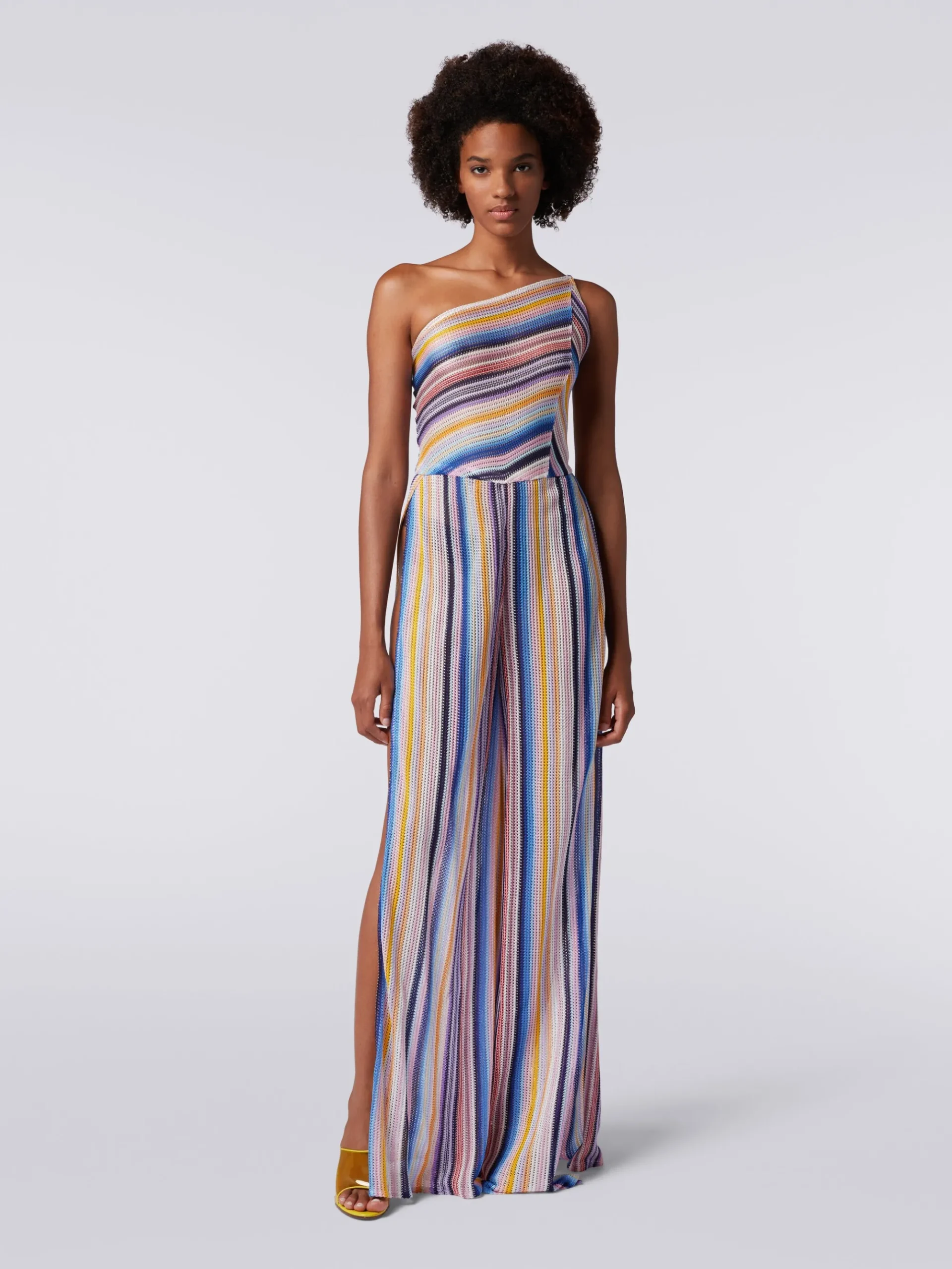 One-shoulder jumpsuit in striped crochet