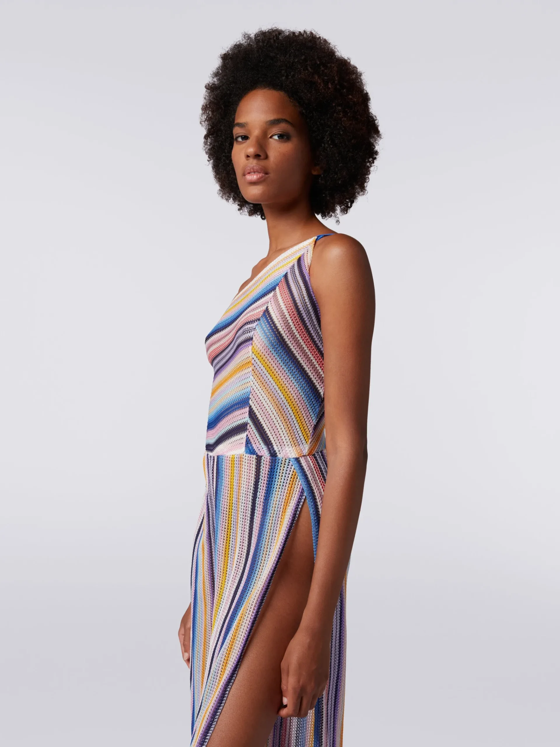 One-shoulder jumpsuit in striped crochet