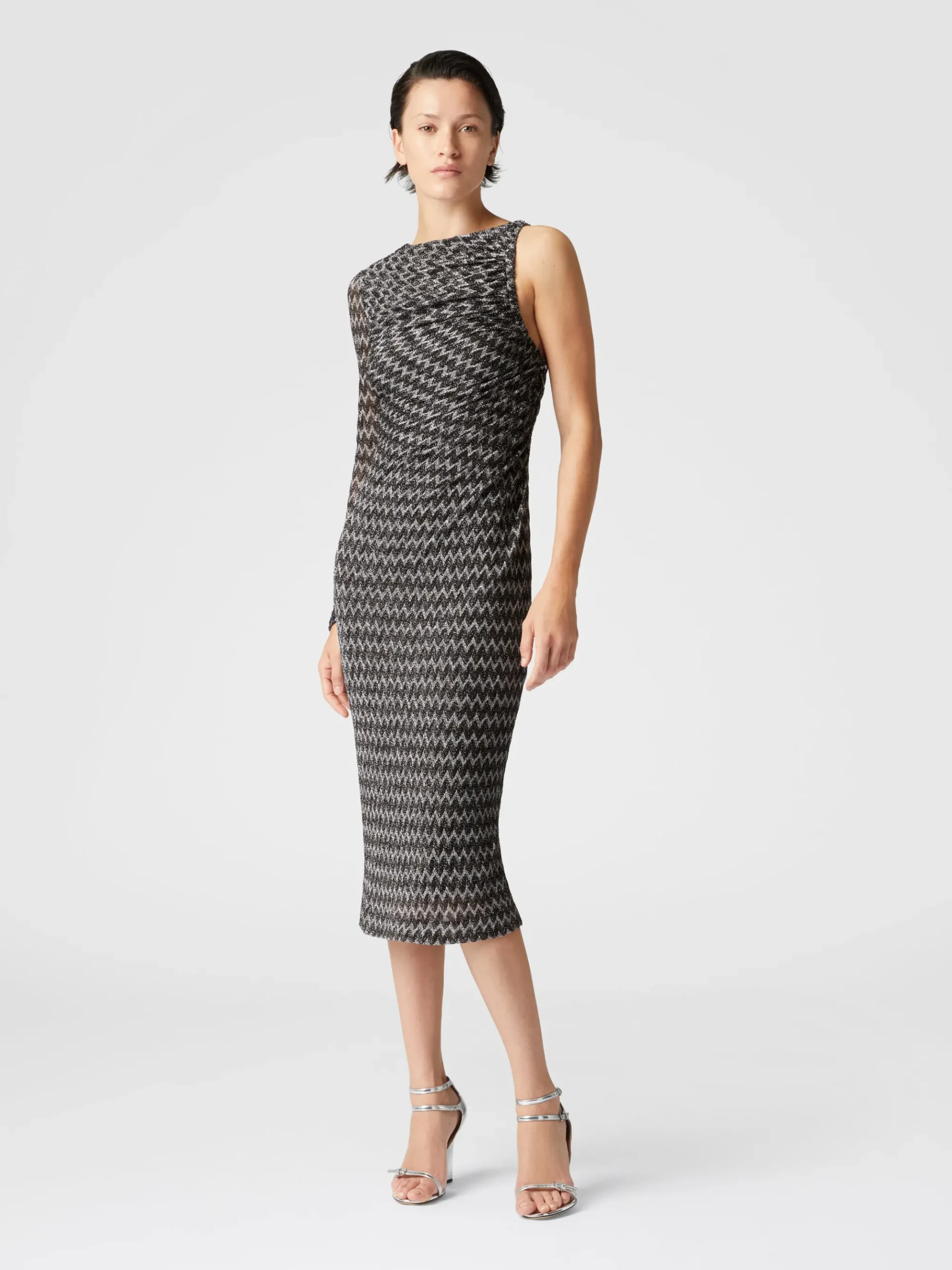 One-shoulder midi dress in lamé viscose