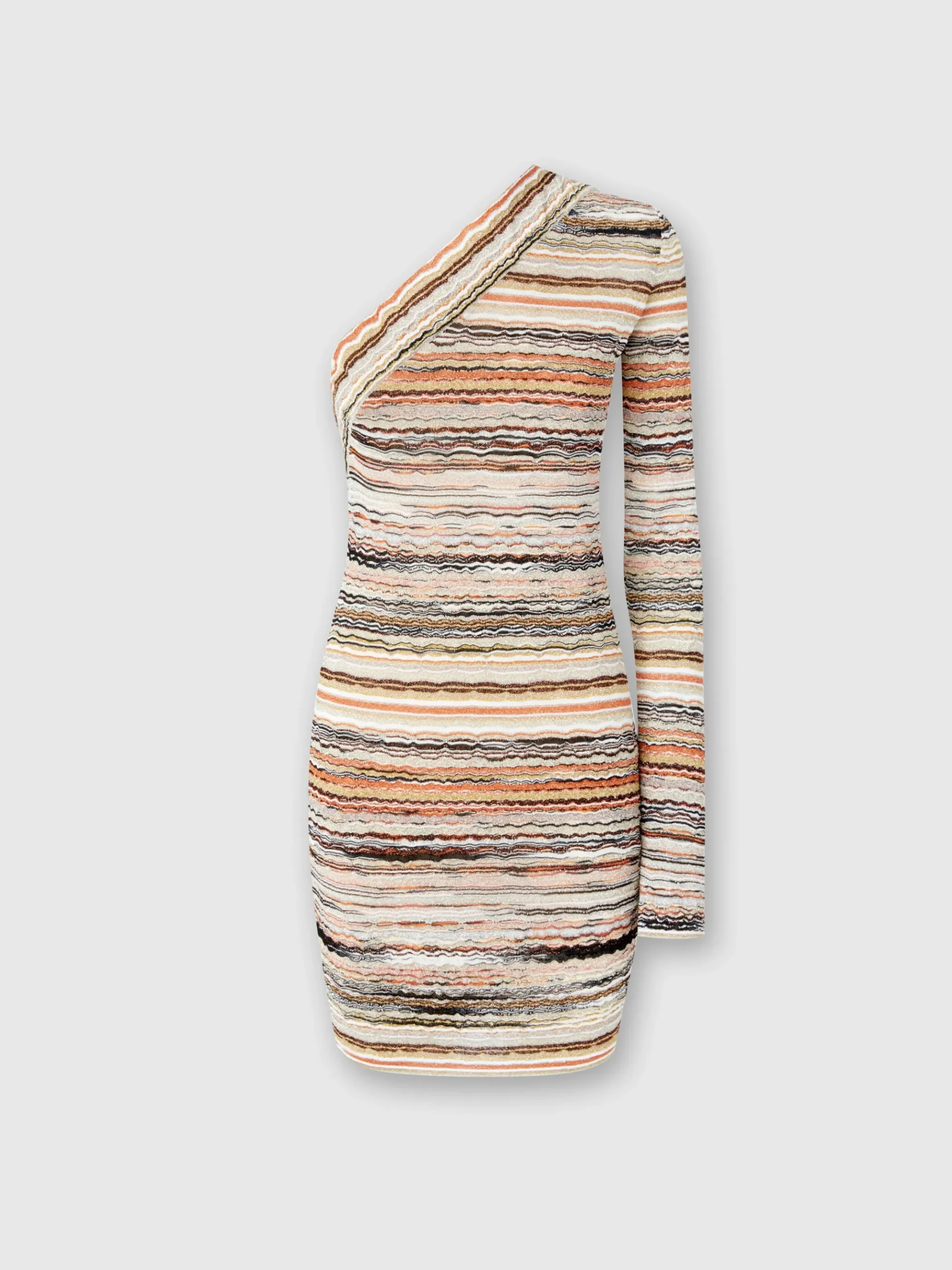 One-shoulder mini-dress in lamé embossed viscose with wave motif