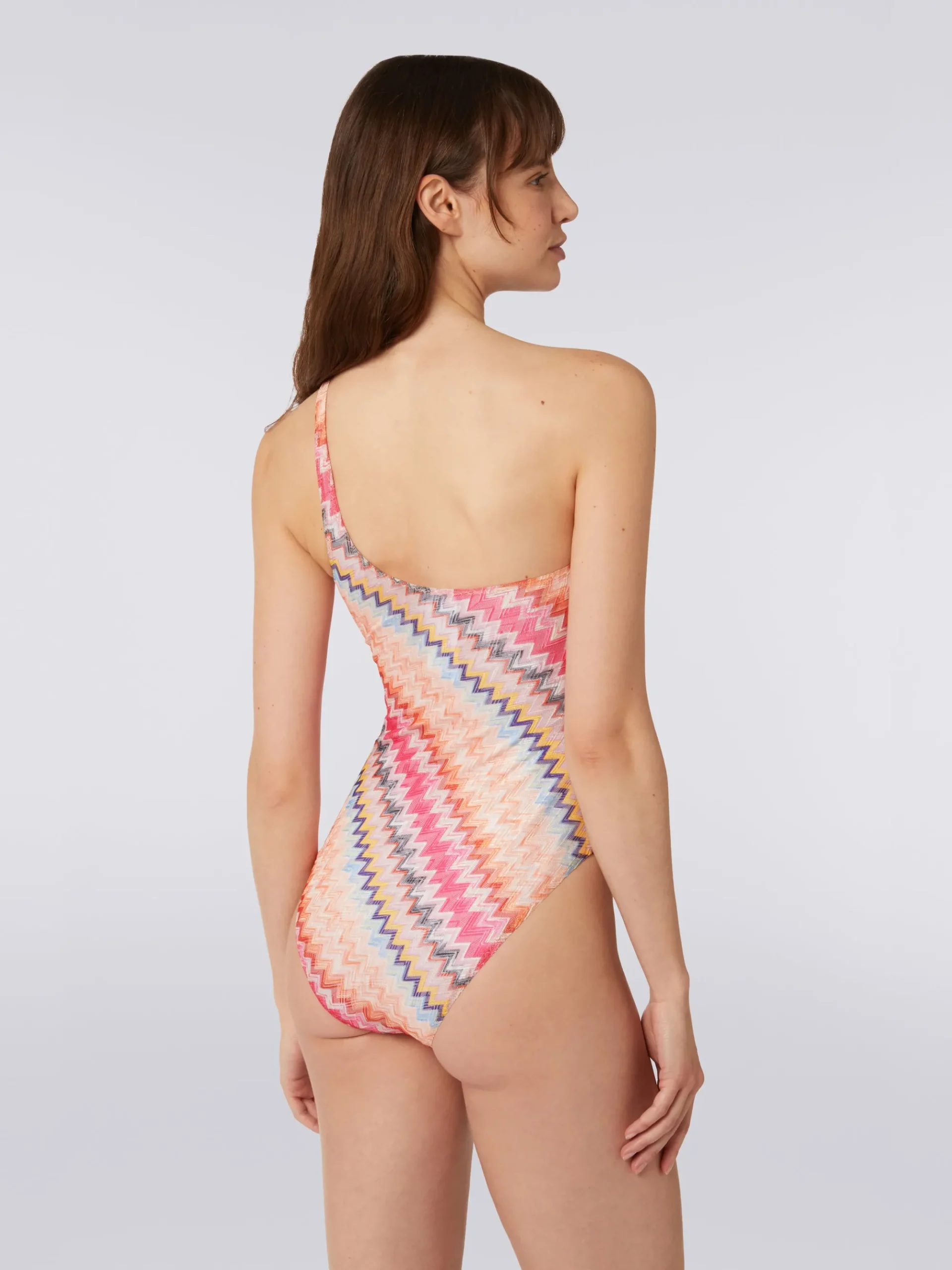 One-shoulder one-piece swimming costume in chevron viscose