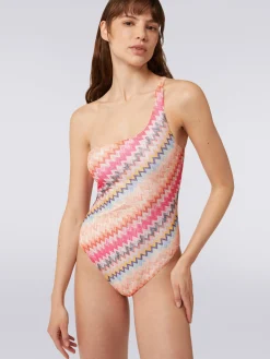 One-shoulder one-piece swimming costume in chevron viscose