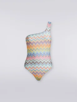 One-shoulder one-piece swimming costume with zigzag print and lurex