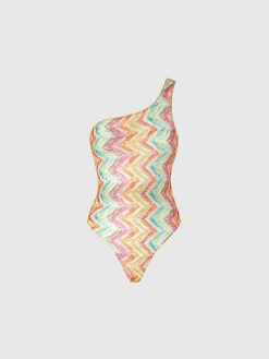 One-shoulder one-piece swimsuit in printed tulle