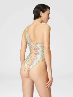 One-shoulder one-piece swimsuit in printed tulle