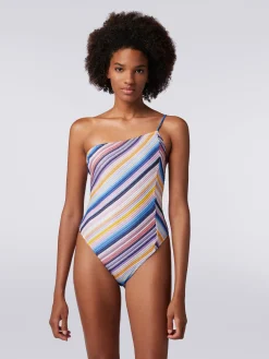 One-shoulder one-piece swimming costume in striped crochet