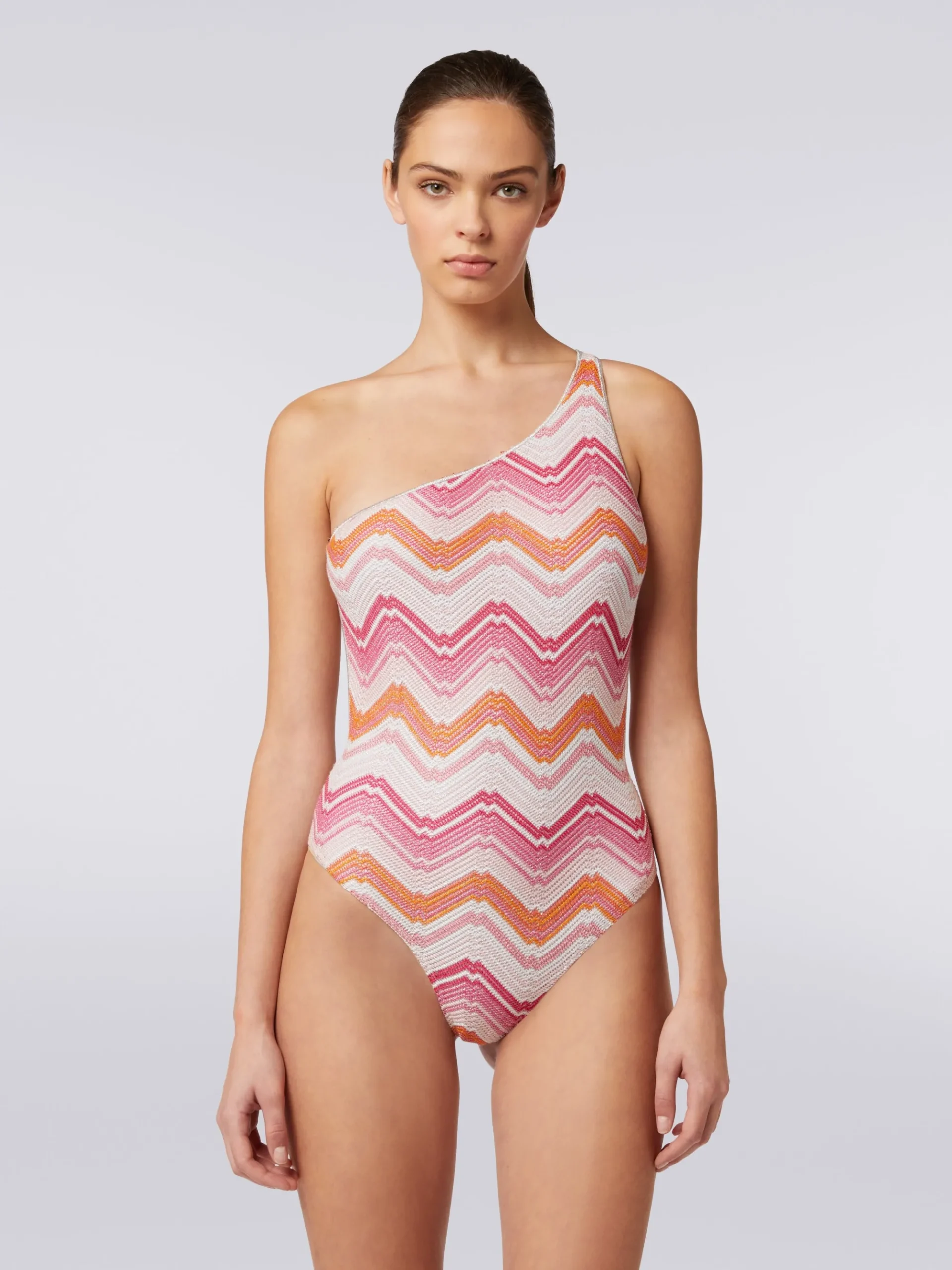 One-shoulder one-piece swimming costume in chevron crochet with lurex
