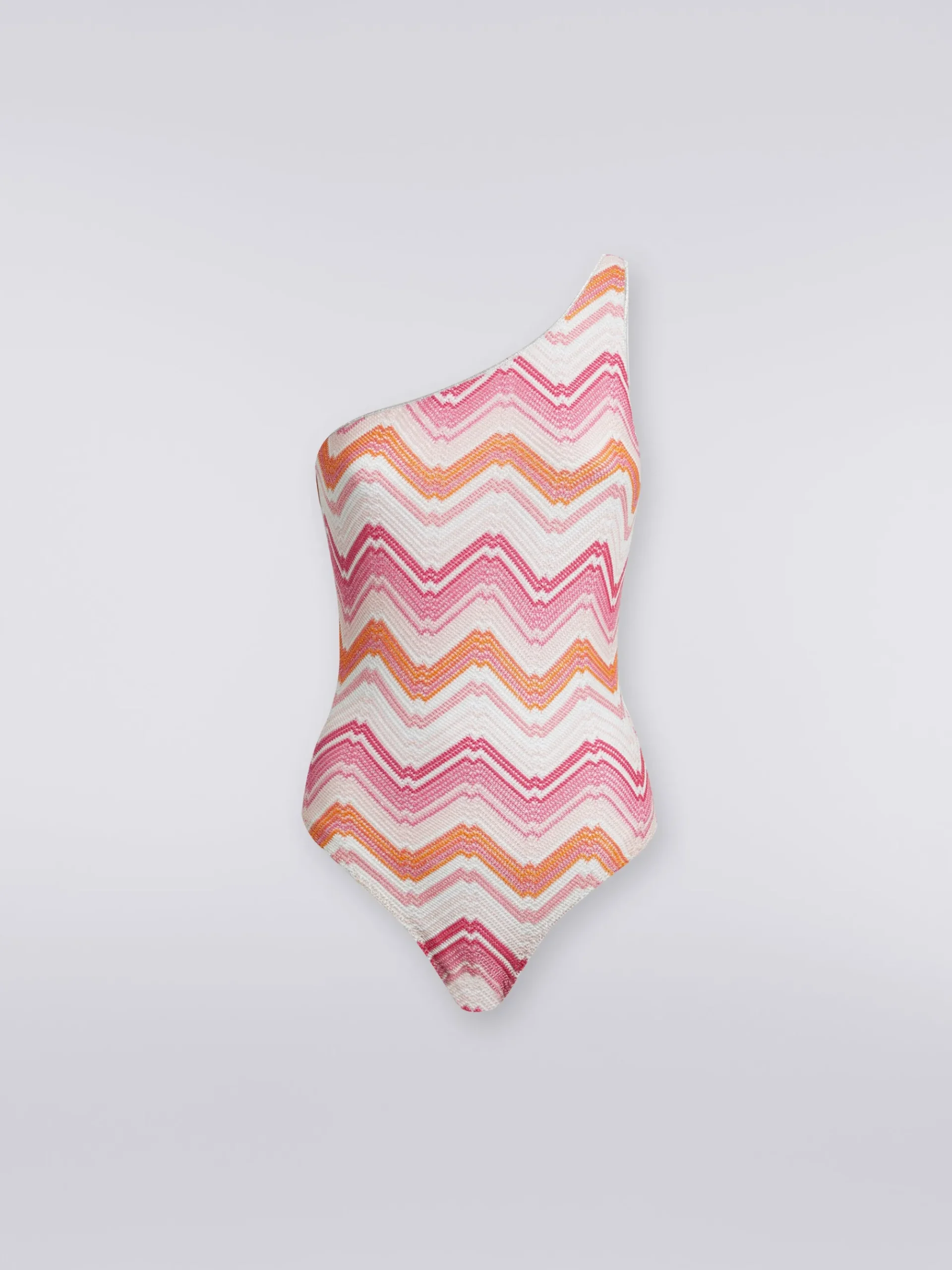 One-shoulder one-piece swimming costume in chevron crochet with lurex