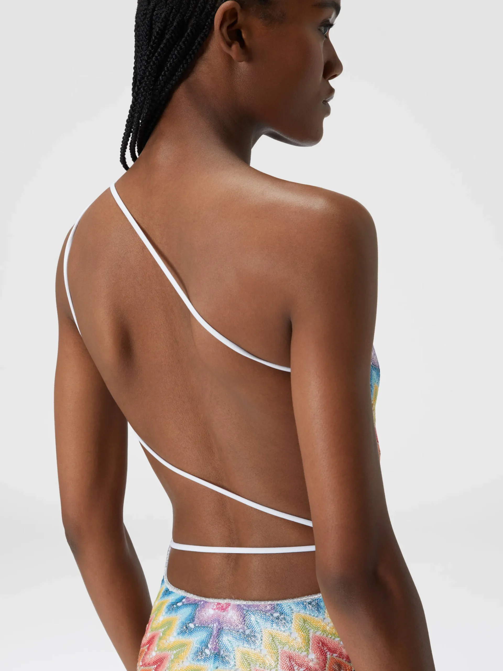One-shoulder swimsuit in coated lace