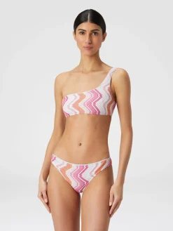 One-shoulder viscose blend chevron bikini with lurex