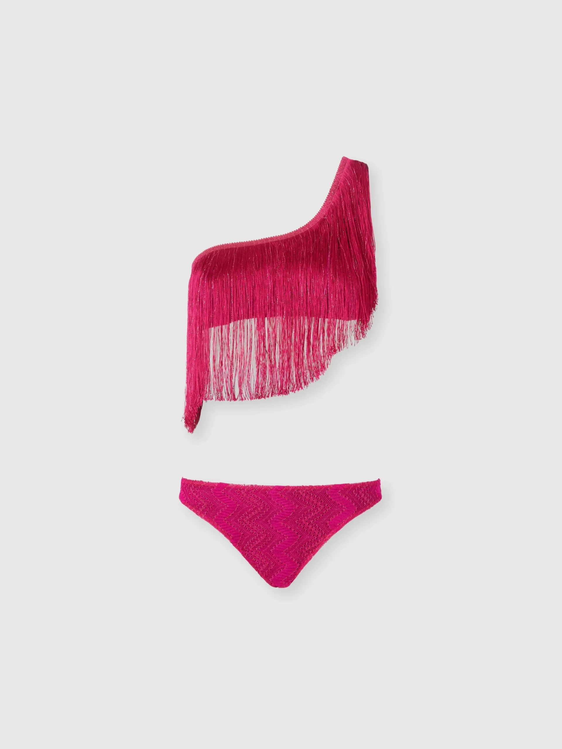 One-shoulder zigzag lamé viscose bikini with fringes