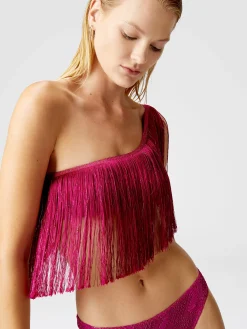 One-shoulder zigzag lamé viscose bikini with fringes