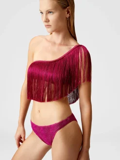 One-shoulder zigzag lamé viscose bikini with fringes
