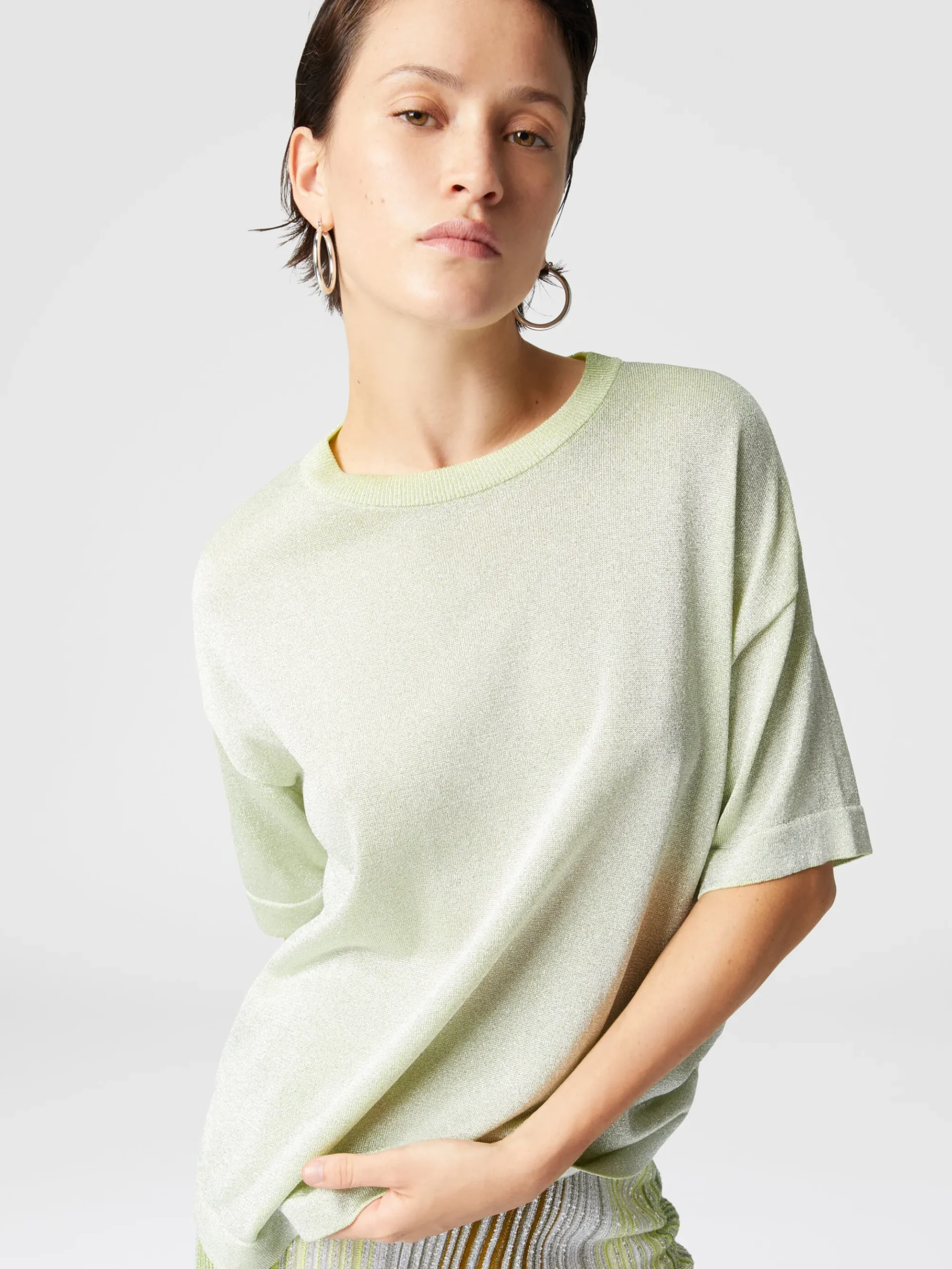 Oversized crewneck sweater in lamé viscose with whetstone sleeves