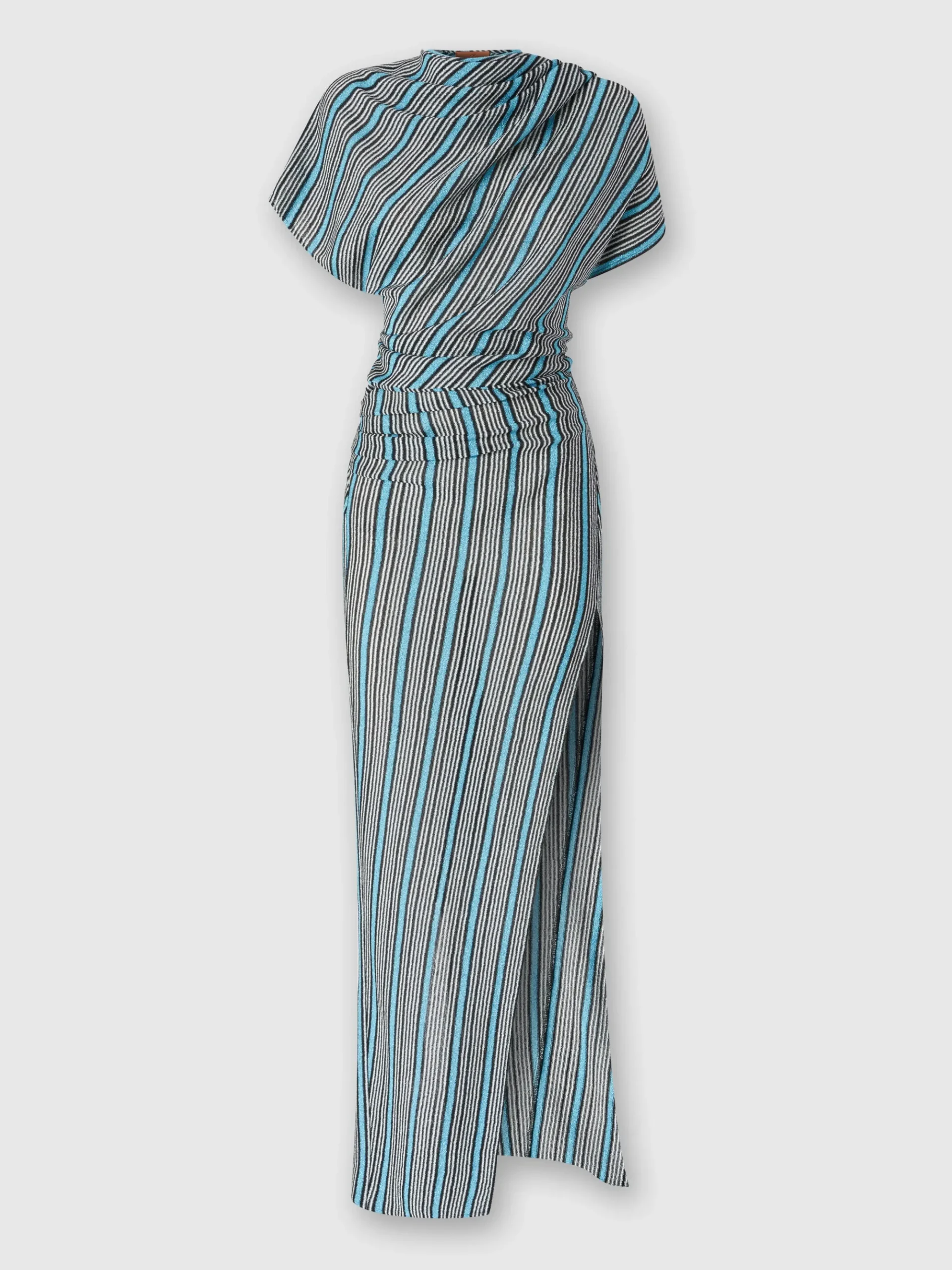 Peplum-cut dress in lamé viscose with side slit