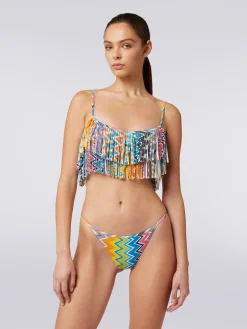 Printed stretch fabric bikini with fringed top