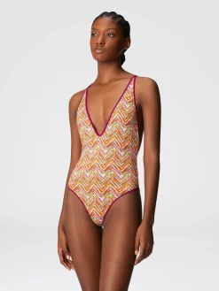 Reversible one-piece swimsuit with print and V-neck