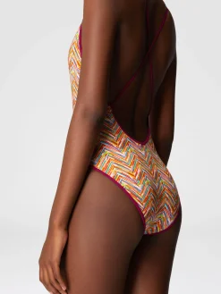 Reversible one-piece swimsuit with print and V-neck