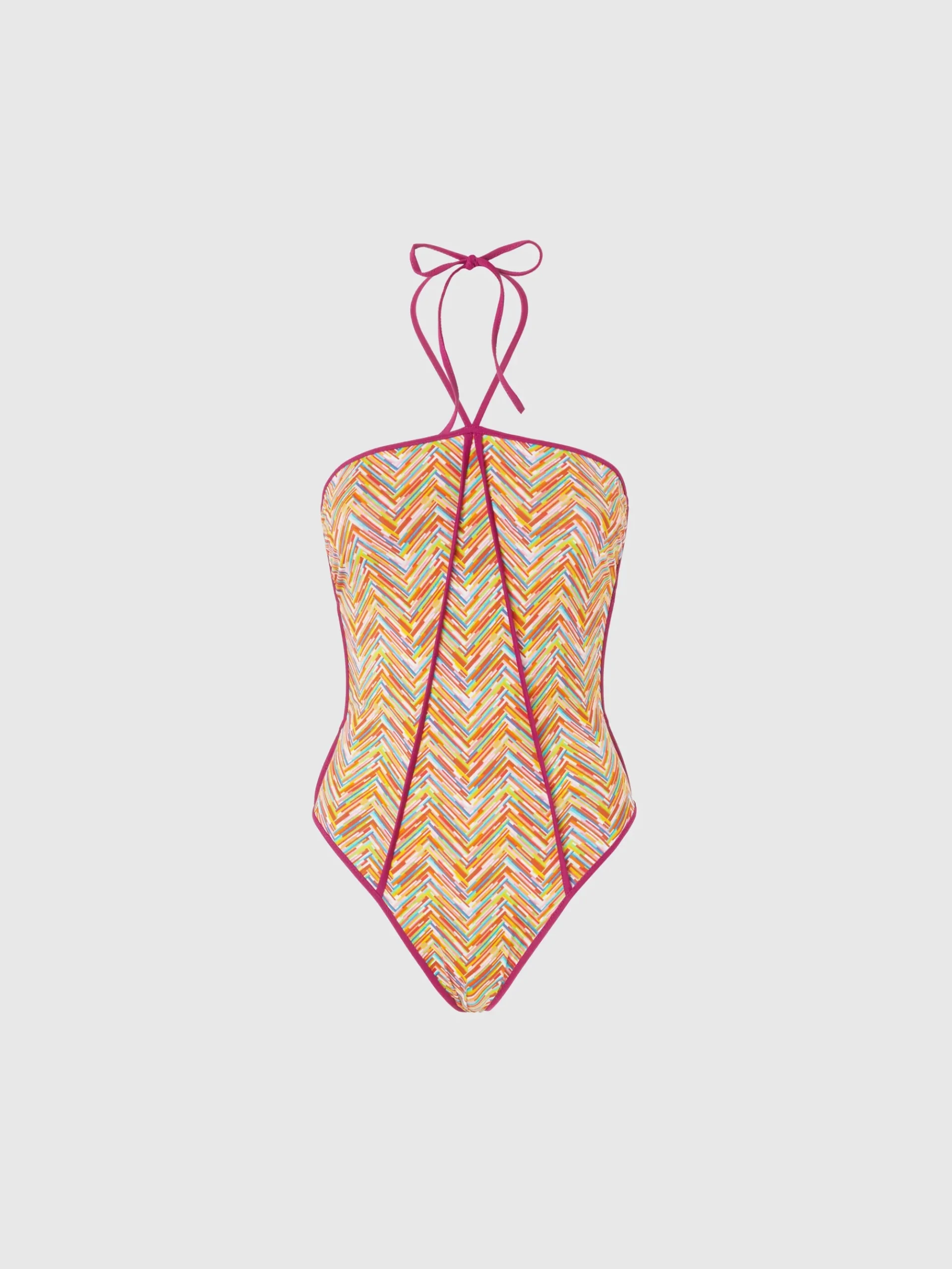 Reversible one-piece swimsuit with print and contrasting piping