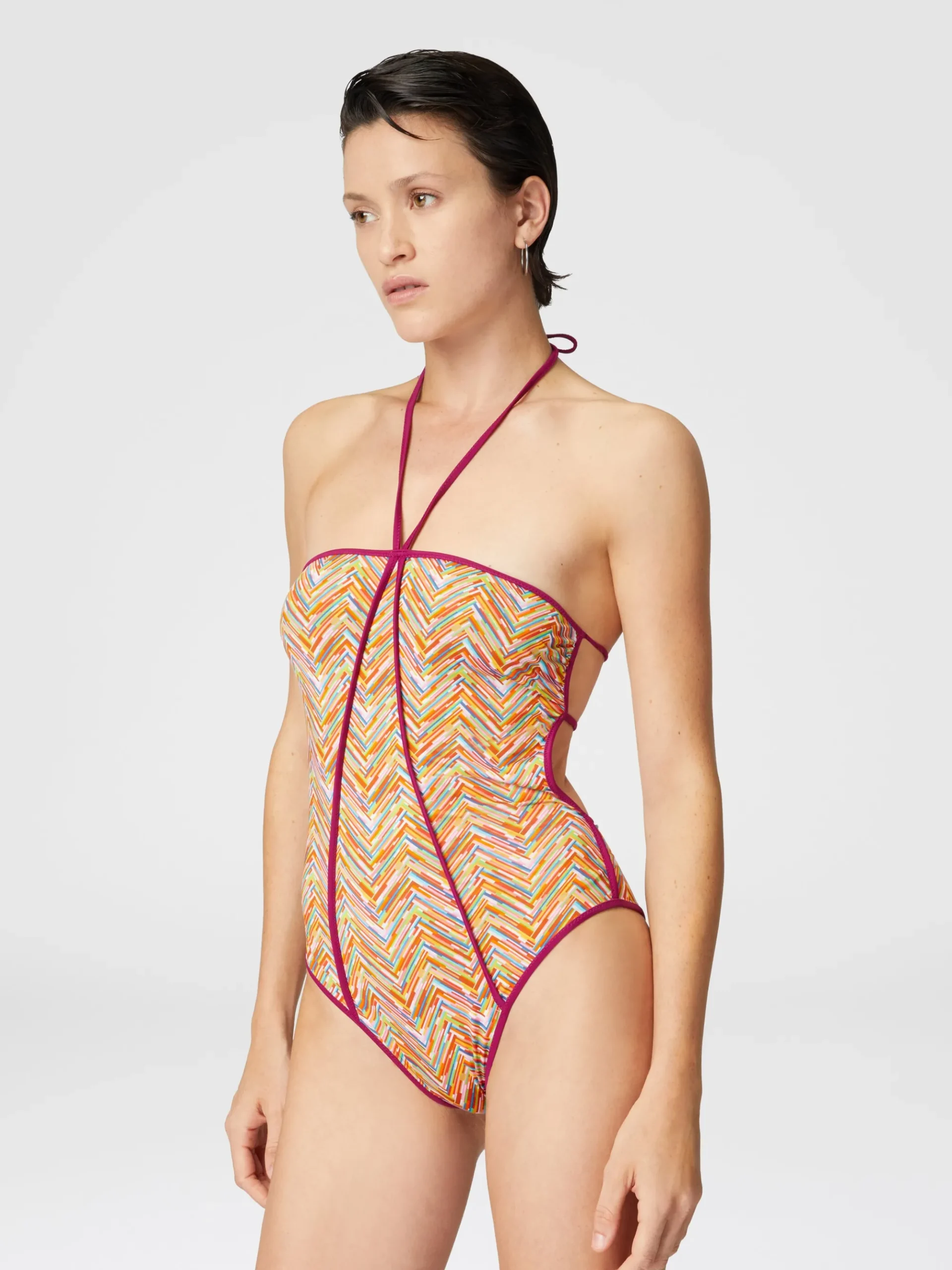 Reversible one-piece swimsuit with print and contrasting piping