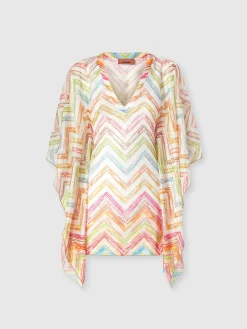 Short covered up caftan in printed tulle