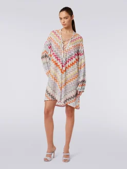 Short cover-up kaftan with zigzag pattern and lurex