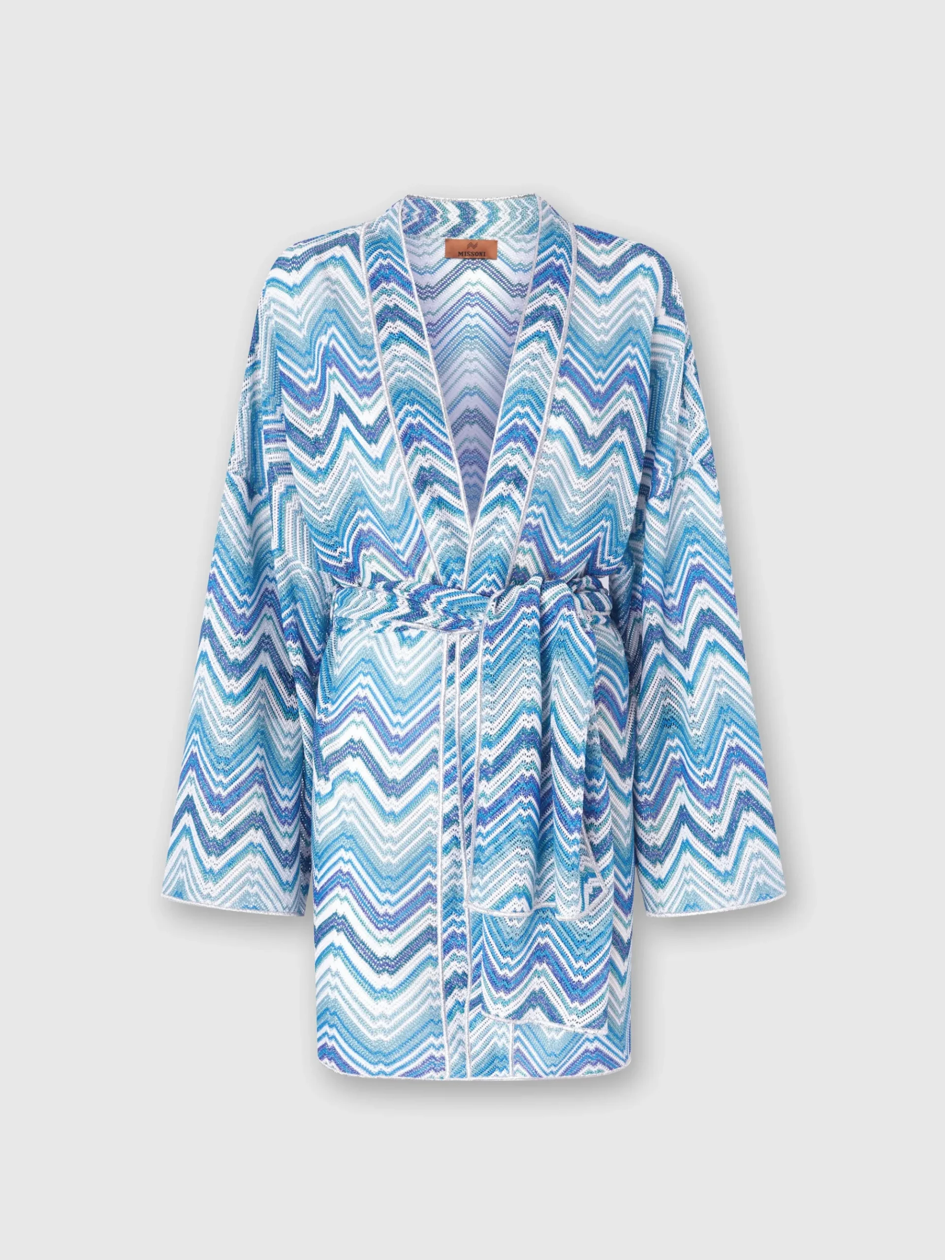 Short dressing gown cover-up in chevron crochet with lurex