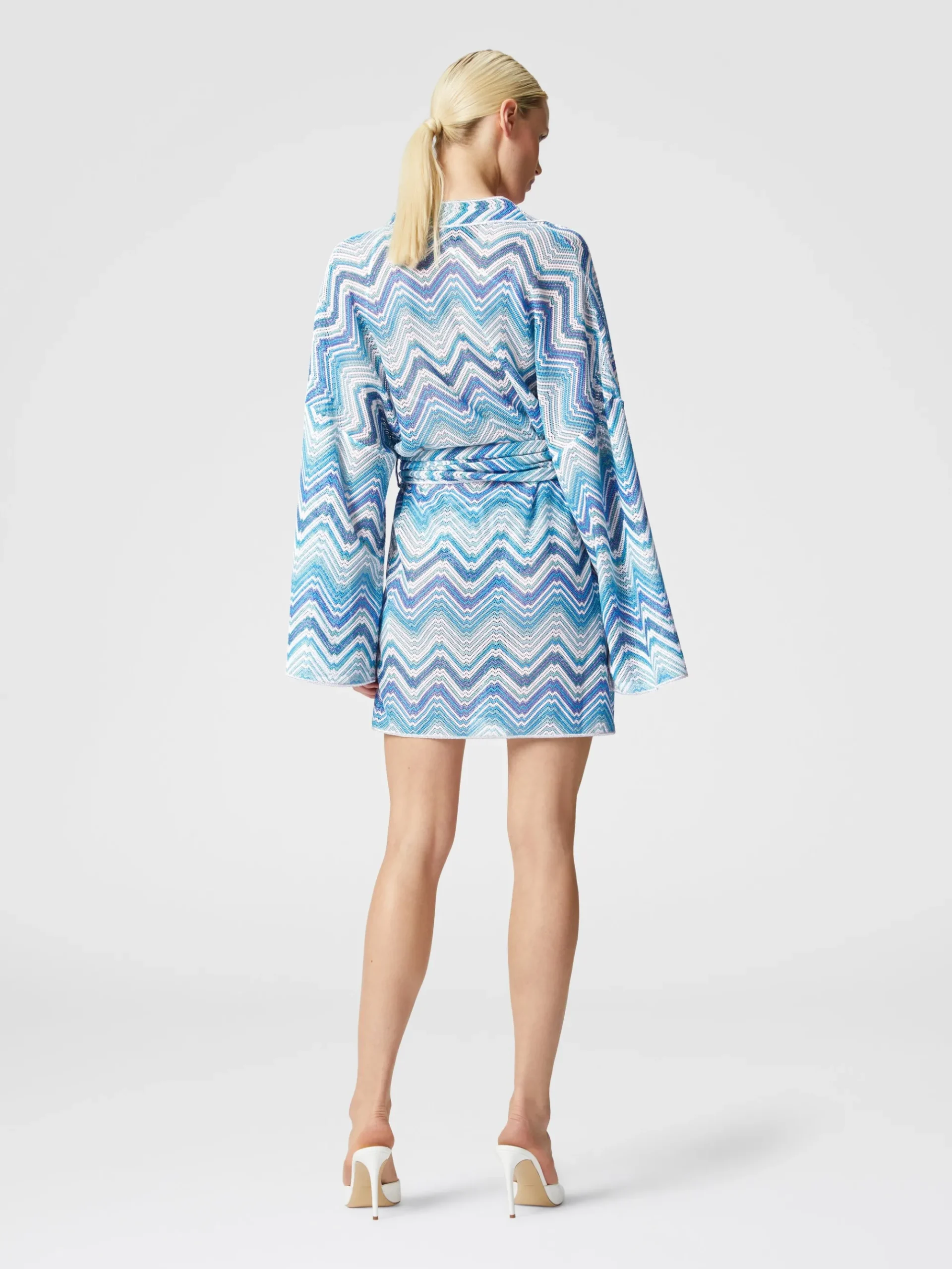 Short dressing gown cover-up in chevron crochet with lurex