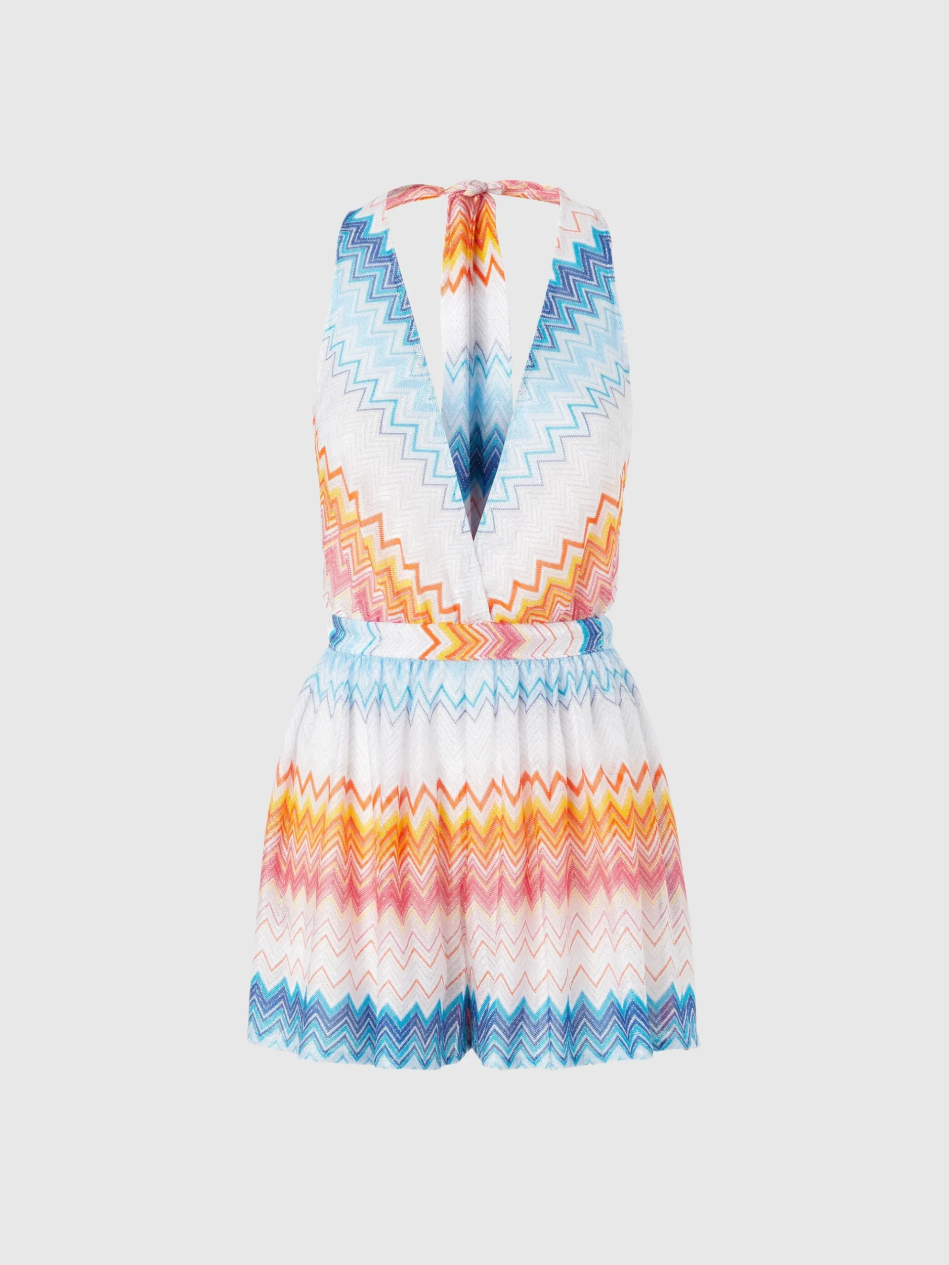 Short jumpsuit in viscose blend zig zag lamé with V-neck