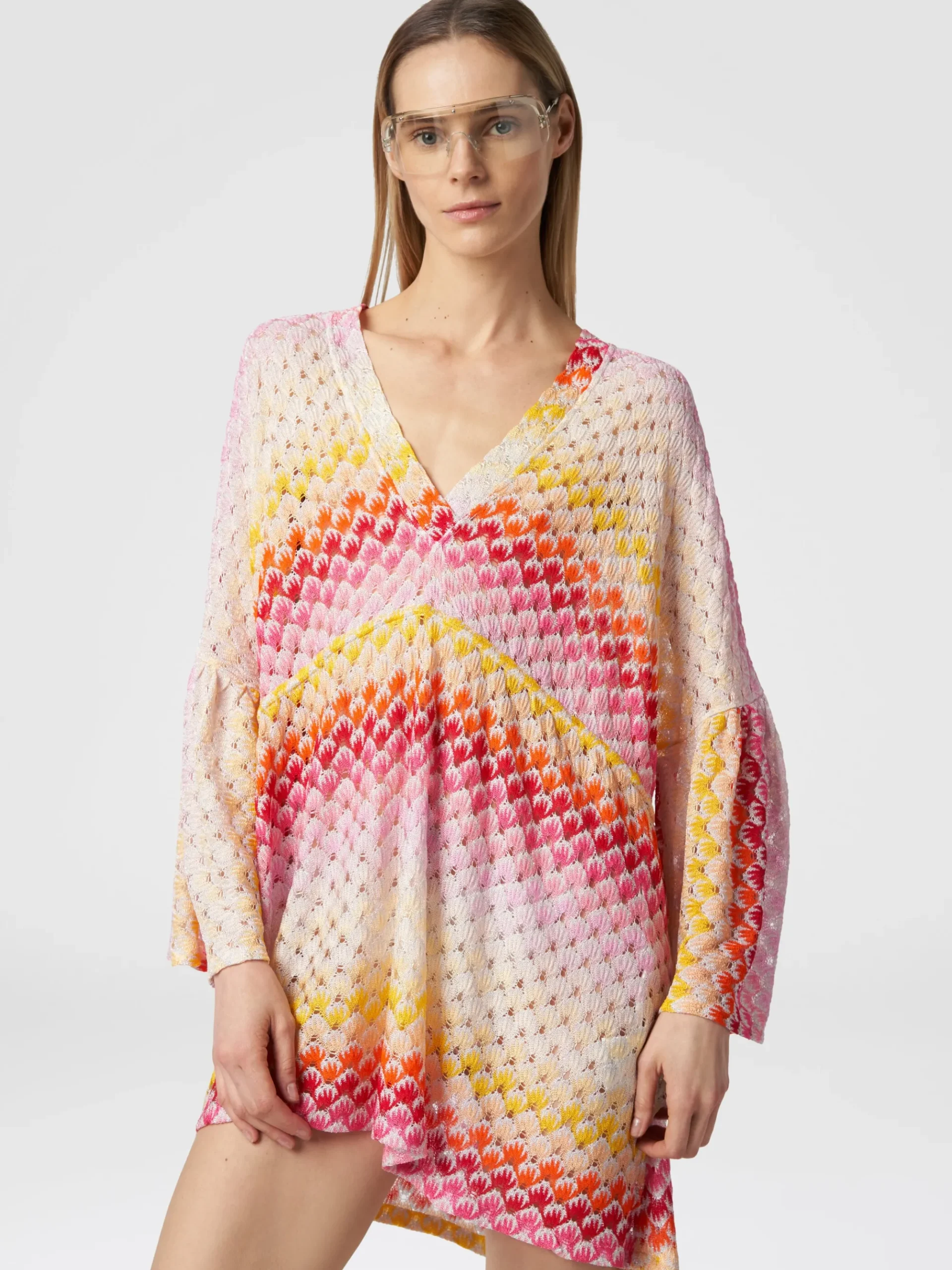 Short lace-effect cover up kaftan with lurex