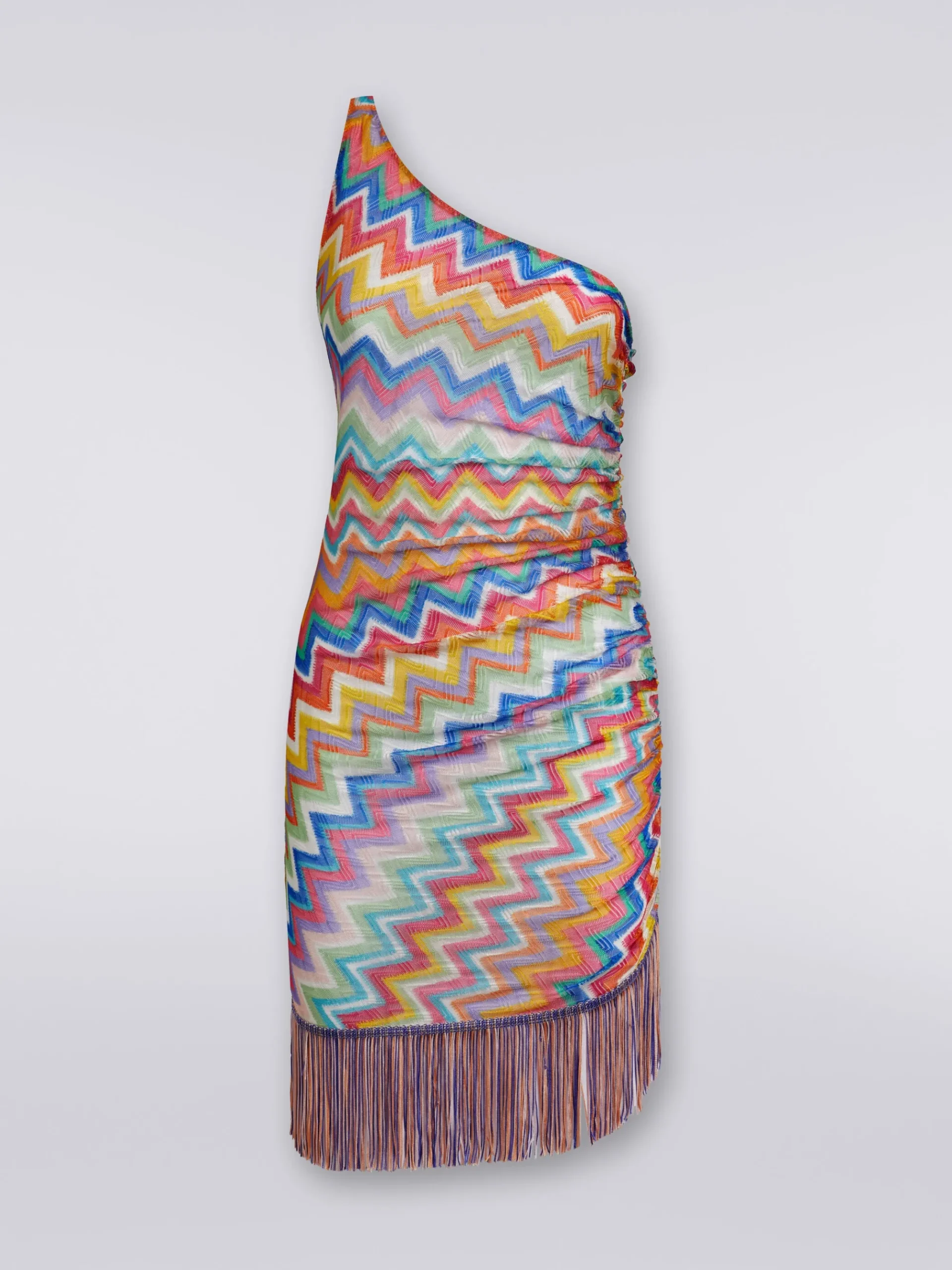 Short one-shoulder cover-up with fringes and side gathers