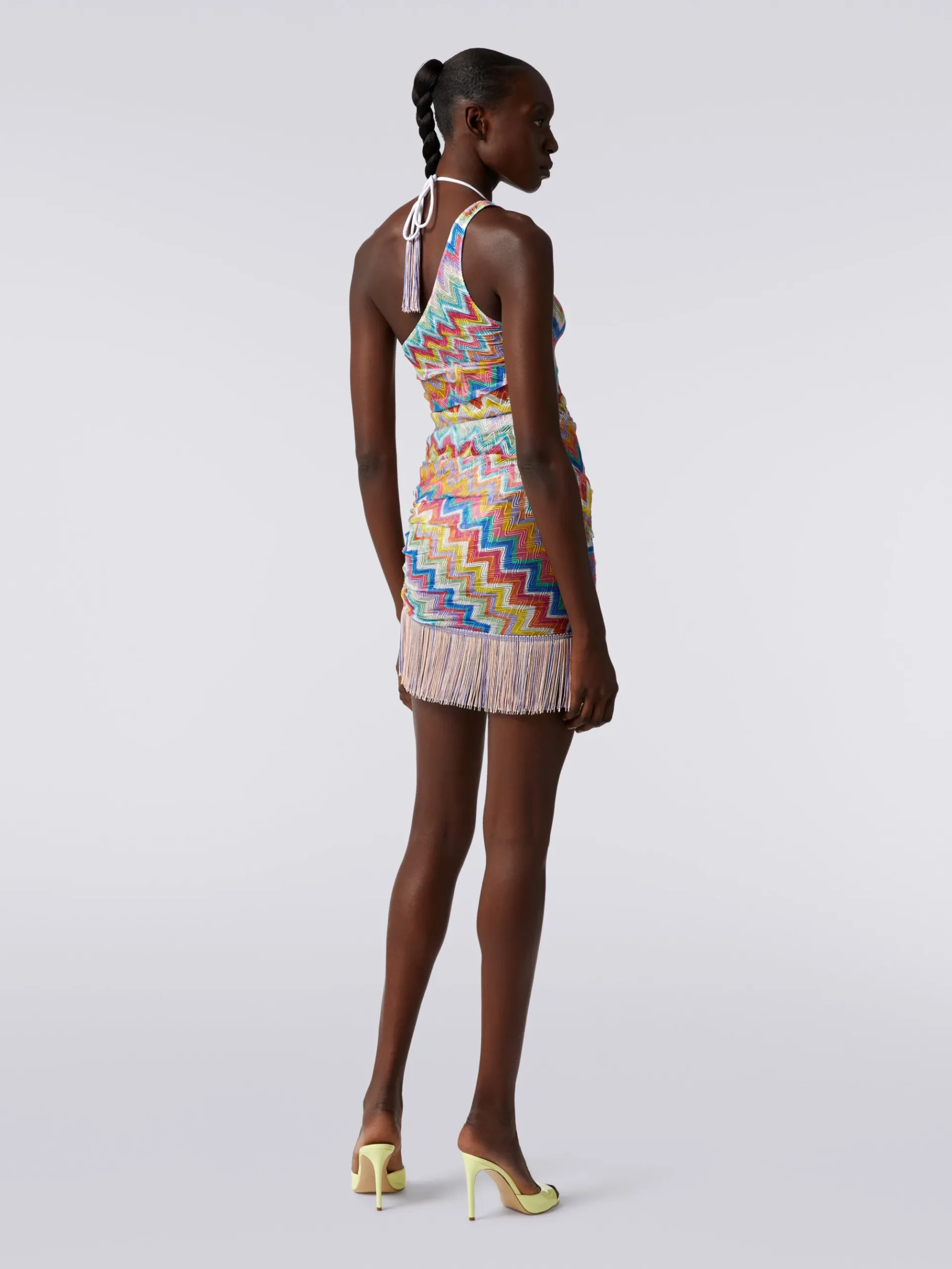 Short one-shoulder cover-up with fringes and side gathers