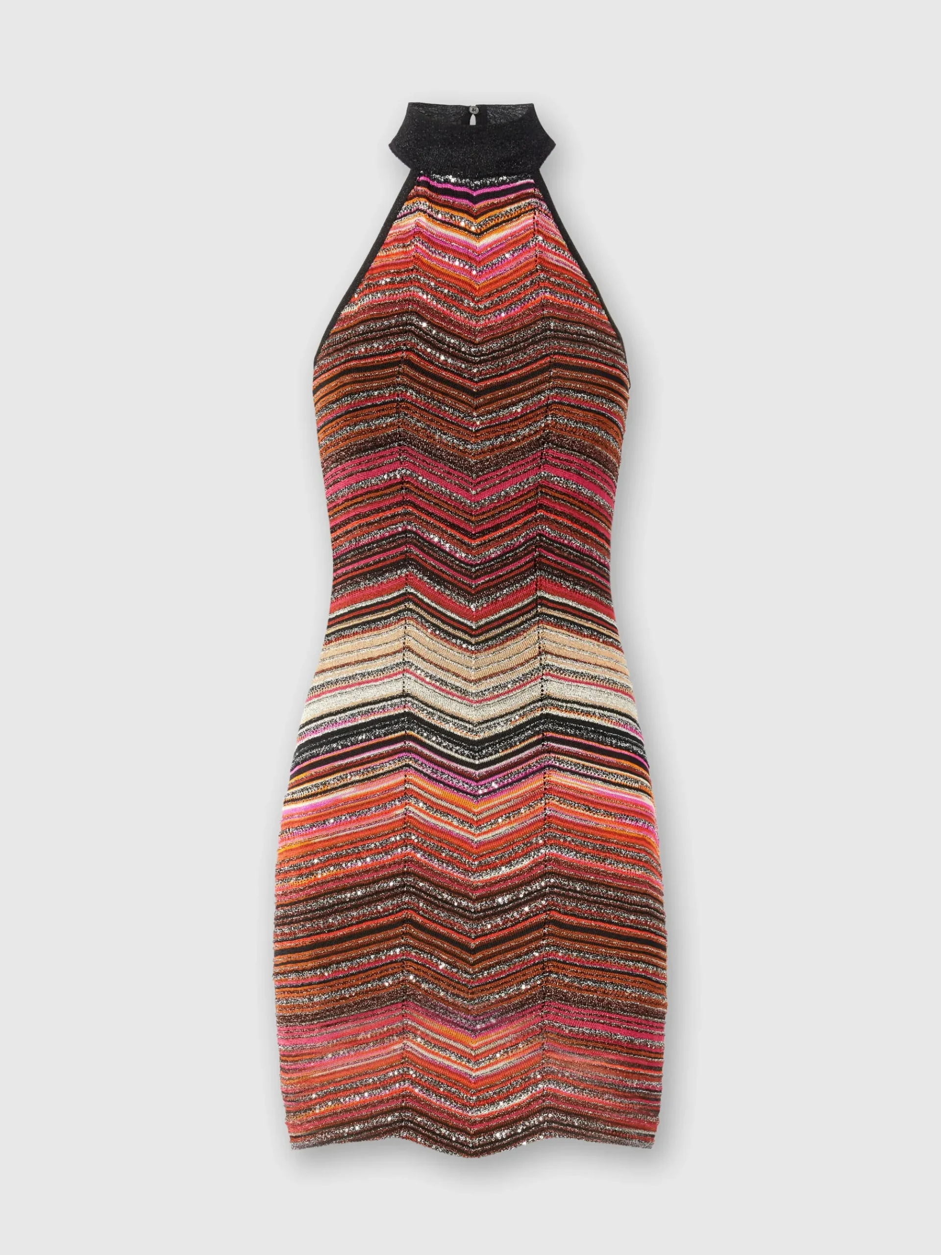Short sleeveless chevron lamé dress with sequins and halter neckline
