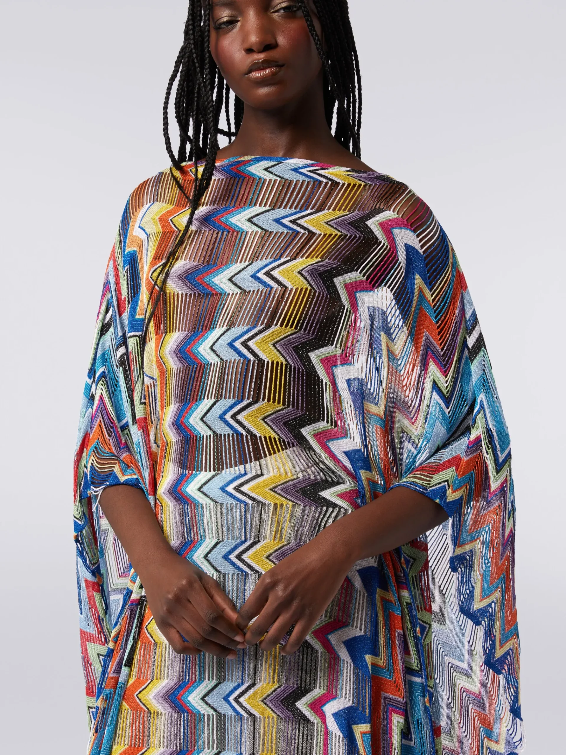 Short viscose cover-up kaftan with fringes