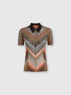 Short-sleeved lamé knit polo shirt