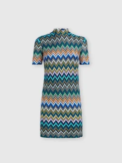 Short-sleeved mini-dress in zig zag viscose