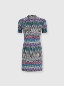 Short-sleeved mini-dress in zigzag wool